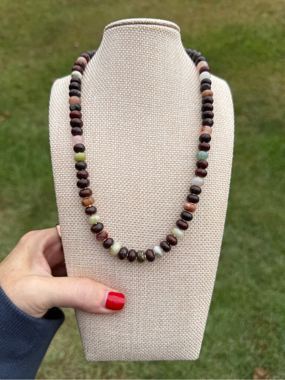 Multicolor Natural Stone Bead Necklace — Green & Brown